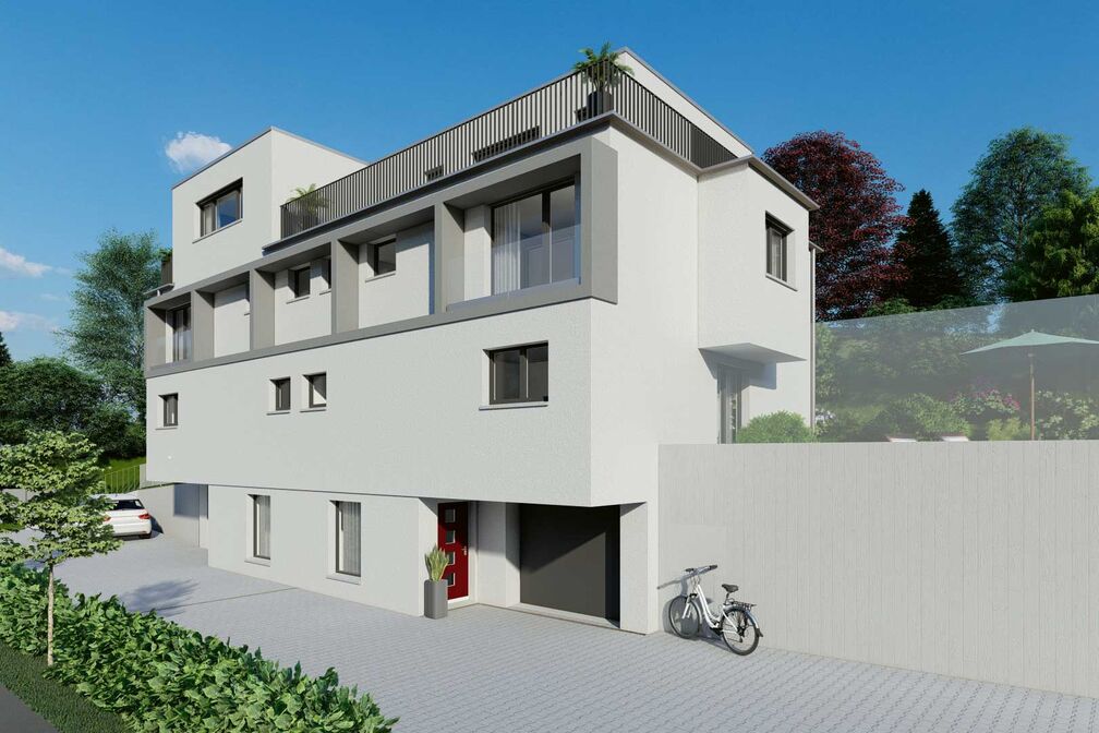 Um das Grundstück optimal zu nutzen, ersetzt ein modernes Doppeleinfamilienhaus ein altes Einfamilienhaus. Projekt und Visualisierung: Starhaus AG